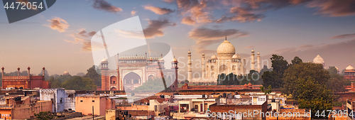 Image of Panorama of Taj Mahal view over roofs of Agra