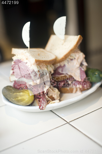 Image of Kosher deli combination sandwich pastrami corned beef tongue col