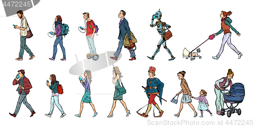 Image of Set collection of pedestrians people walk. Women men robot dog. 