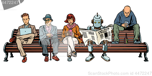 Image of People and a robot sitting on a Park bench