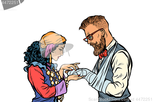Image of Gypsy palmist and hipster. Patient with plaster and a broken arm