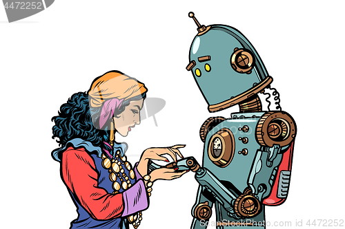 Image of A Gypsy telling fortunes by the hand. The robot wants to know ab