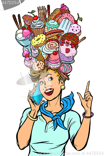 Image of stewardess woman dreams of food and sweets