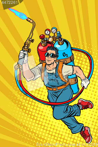 Image of welder professional worker. superhero with gas cylinders