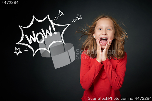 Image of Happy girl looking with widely opened eyes and toothy smile