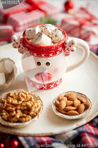 Image of Delicious homemade christmas hot chocolate or cocoa with marshmellows