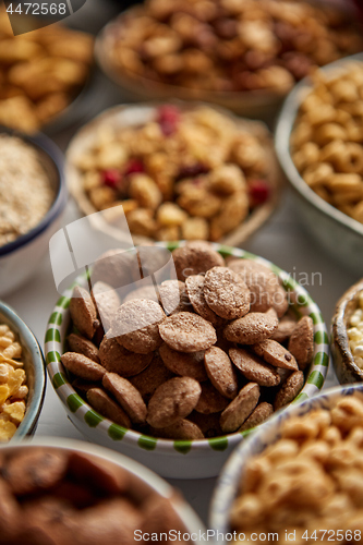 Image of Close up and selective focus. Composition of different kinds cereals