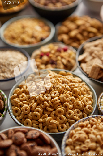 Image of Close up and selective focus. Composition of different kinds cereals