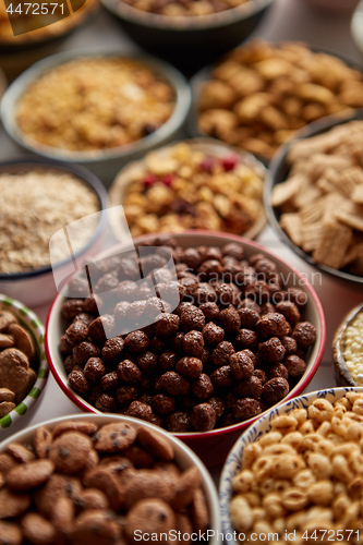 Image of Close up and selective focus. Composition of different kinds cereals