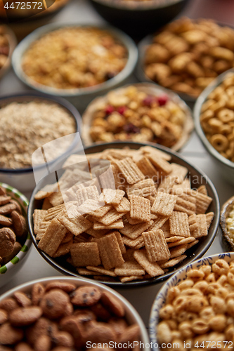 Image of Close up and selective focus. Composition of different kinds cereals