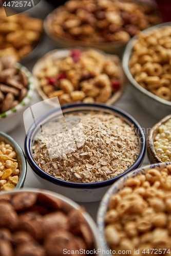 Image of Close up and selective focus. Composition of different kinds cereals
