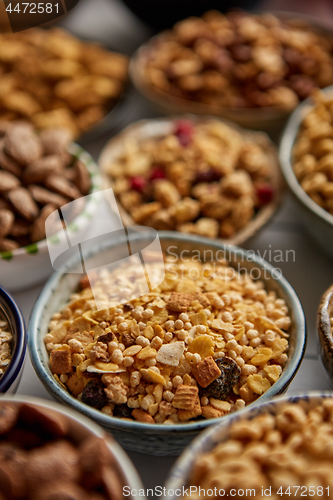 Image of Close up and selective focus. Composition of different kinds cereals