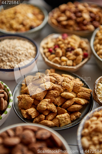 Image of Close up and selective focus. Composition of different kinds cereals