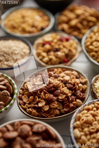 Image of Close up and selective focus. Composition of different kinds cereals