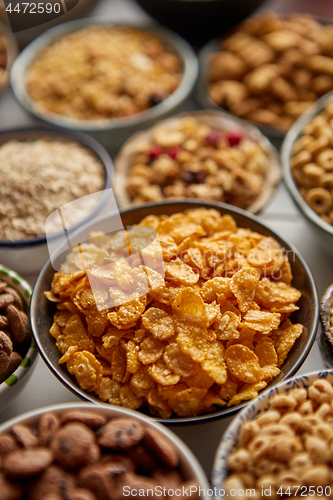 Image of Close up and selective focus. Composition of different kinds cereals