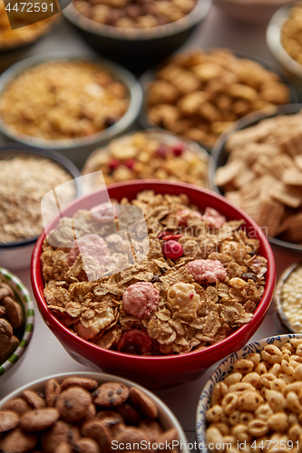 Image of Close up and selective focus. Composition of different kinds cereals