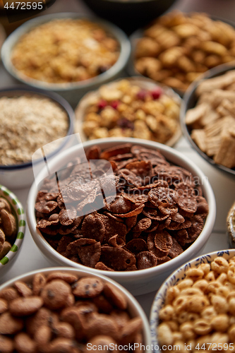 Image of Close up and selective focus. Composition of different kinds cereals