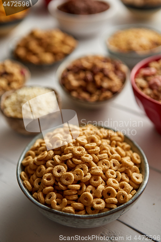 Image of Close up and selective focus. Composition of different kinds cereals