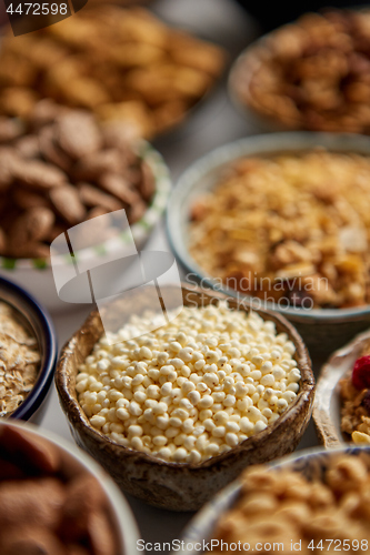 Image of Close up and selective focus. Composition of different kinds cereals