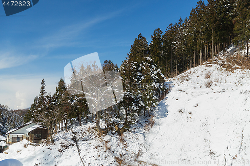 Image of country houses and forest hills in winter, japan