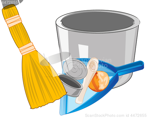 Image of Vector illustration of the dustpan with rubbish and besom