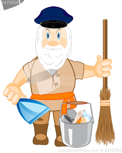 Image of Vector illustration worker janitor with broom and dustpan