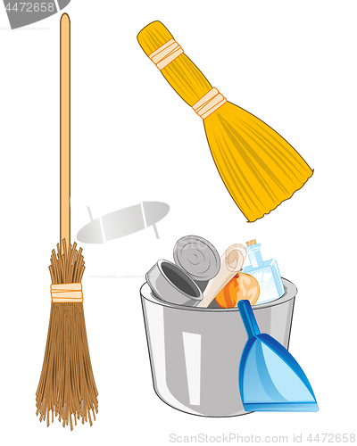 Image of Pail with rubbish and broom with besom