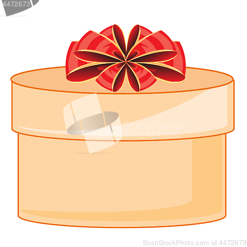 Image of Round box with gift decorated by red bow