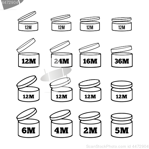 Image of The sign of the shelf life of cosmetics and other goods. Period after opening. PAO. Set of icons of various thicknesses and with different angles for your design. Vector