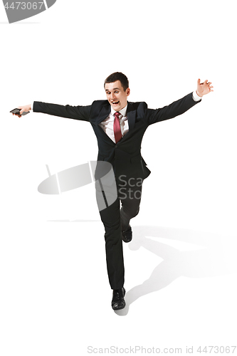 Image of Funny cheerful businessman over white background