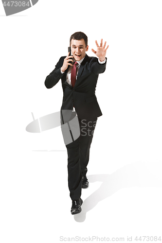 Image of Funny cheerful businessman over white background