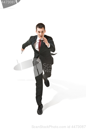 Image of Funny cheerful businessman over white background