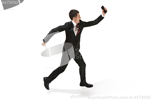 Image of Funny cheerful businessman over white background