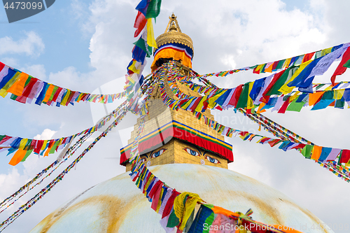 Image of Boudhanath Stupa and prayer flags in Kathmandu