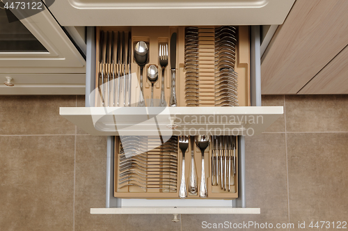 Image of Opened kitchen drawer with silverware