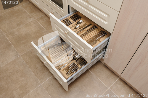 Image of Opened kitchen drawer with silverware