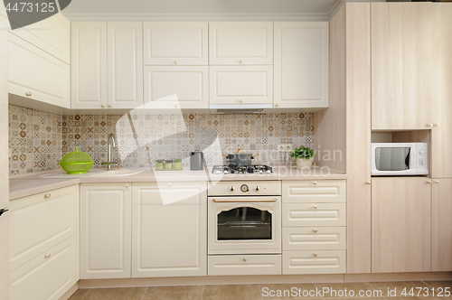 Image of Modern beige colored kitchen and dining room