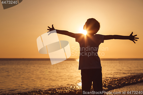 Image of One happy little boy playing on the beach at the sunset time.