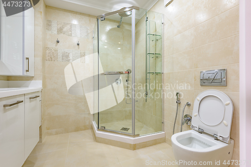 Image of Bright bathroom interior with glass shower and toilet