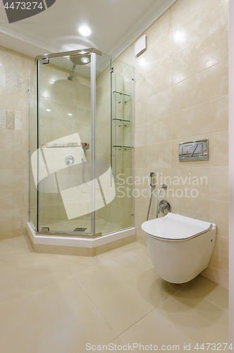 Image of Bright bathroom interior with glass shower and toilet