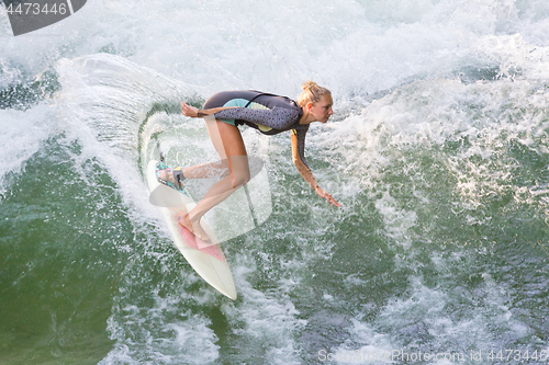 Image of Atractive sporty girl in neoprene shorty wave surfing.