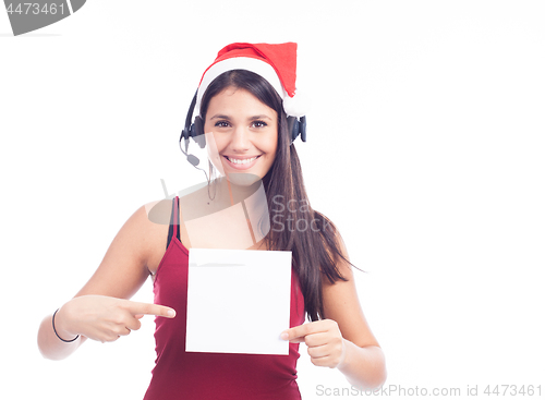 Image of Christmas phone operator woman showing blank signboard