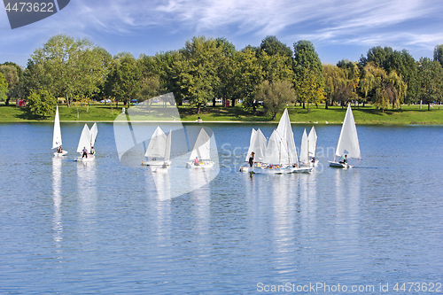 Image of The small sailing ships regatta on the blue lake