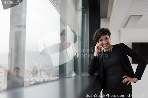 Image of Elegant Woman Using Mobile Phone by window in office building