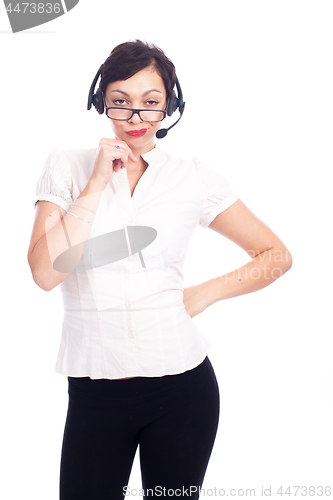 Image of Beautiful young call-center assistant smiling , isolated on white