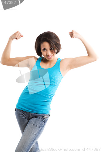 Image of African american woman flexing arms