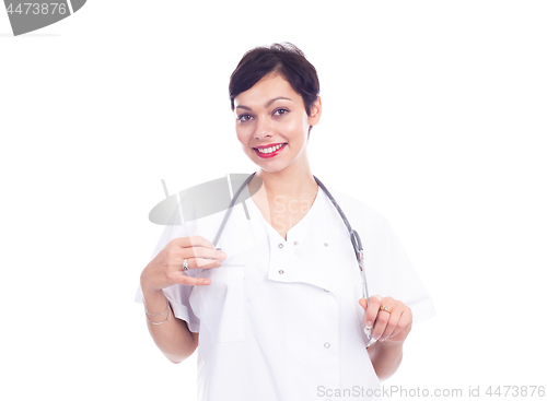 Image of Portrait of beautiful laughing female doctor