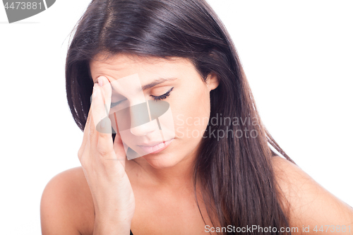 Image of closeup emotional portrait sad woman