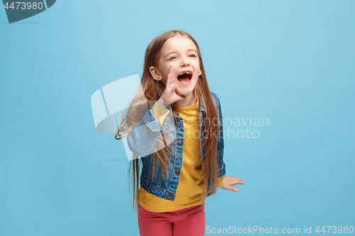 Image of Isolated on pink young casual teen girl shouting at studio