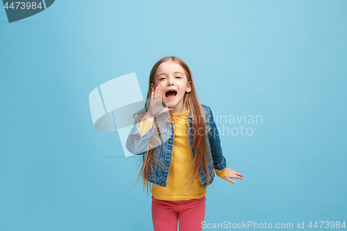 Image of Isolated on pink young casual teen girl shouting at studio